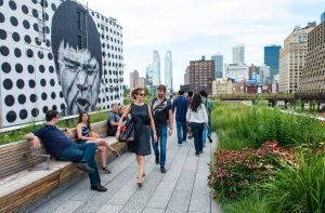 High Line Park in NYC on July 22th, 2012. The High Line is a public park built on an historic freight rail line elevated above the streets on Manhattans West Side.